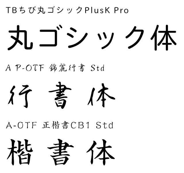 丸ゴシック体・行書体・楷書体見本